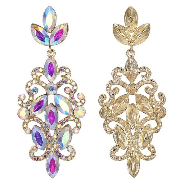 Yellow Gold with Iridescent AB Crystal Marquise Filigree Chandelier Earrings - Picture 4 of 5